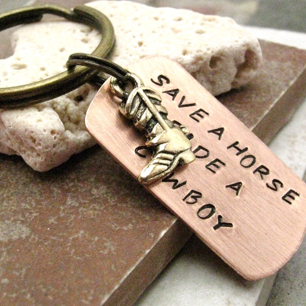 Save a Horse Ride A Cowboy Stamped Keychain, comes with antique brass cowboy boot charm and antique brass split ring