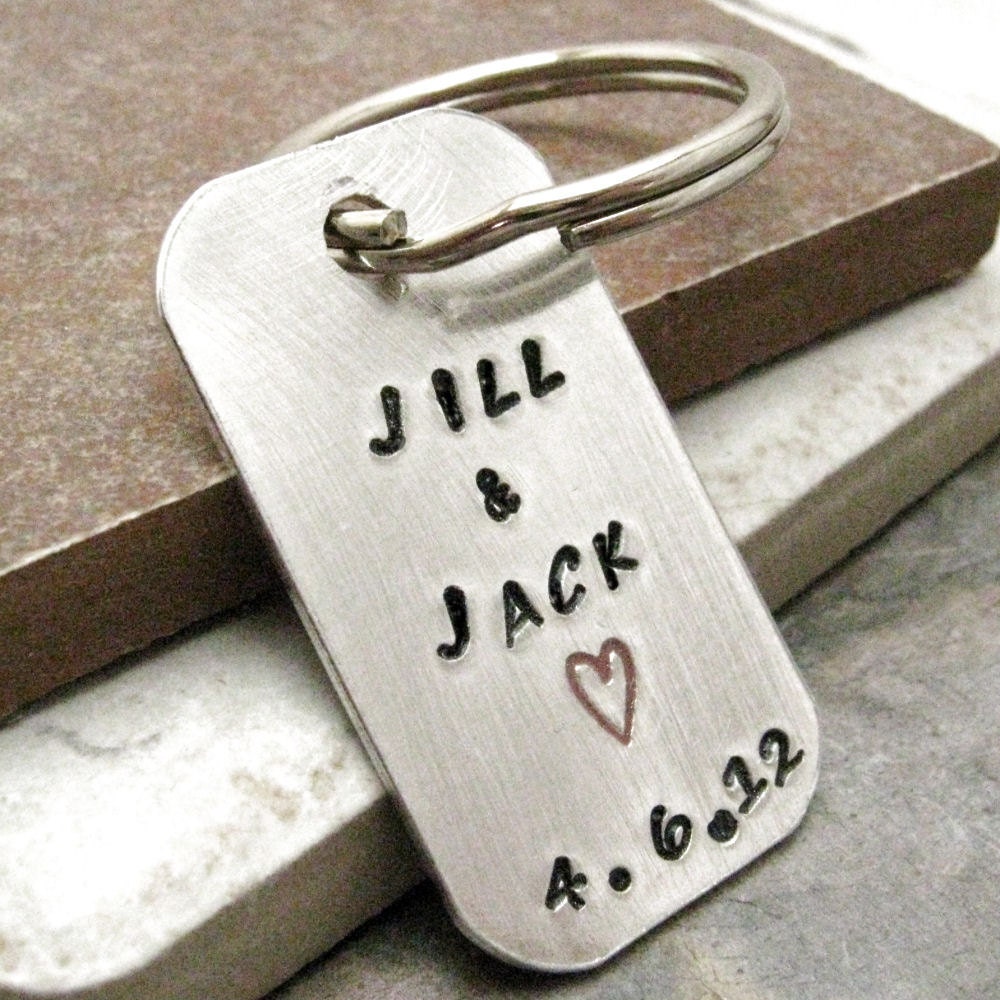 Wedding Gift Key Chain, rounded aluminum dog tags, choose your ink color, great anniversary gift, backside customization not available