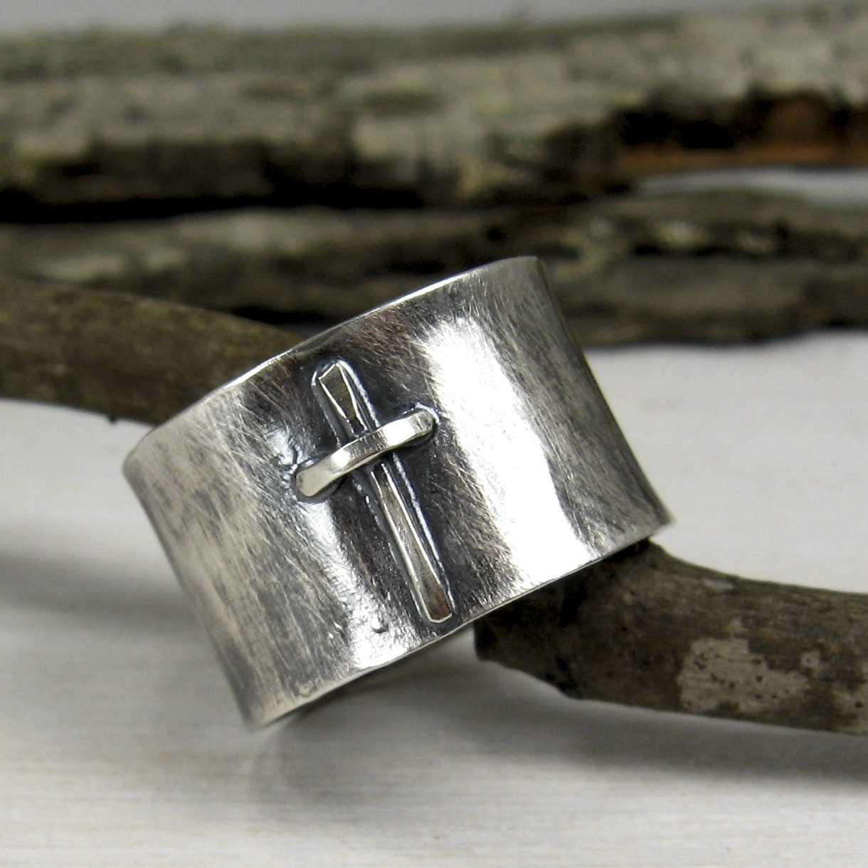 Rugged Old Cross Ring ... 14mm wide band your size oxidized sterling silver cross ring