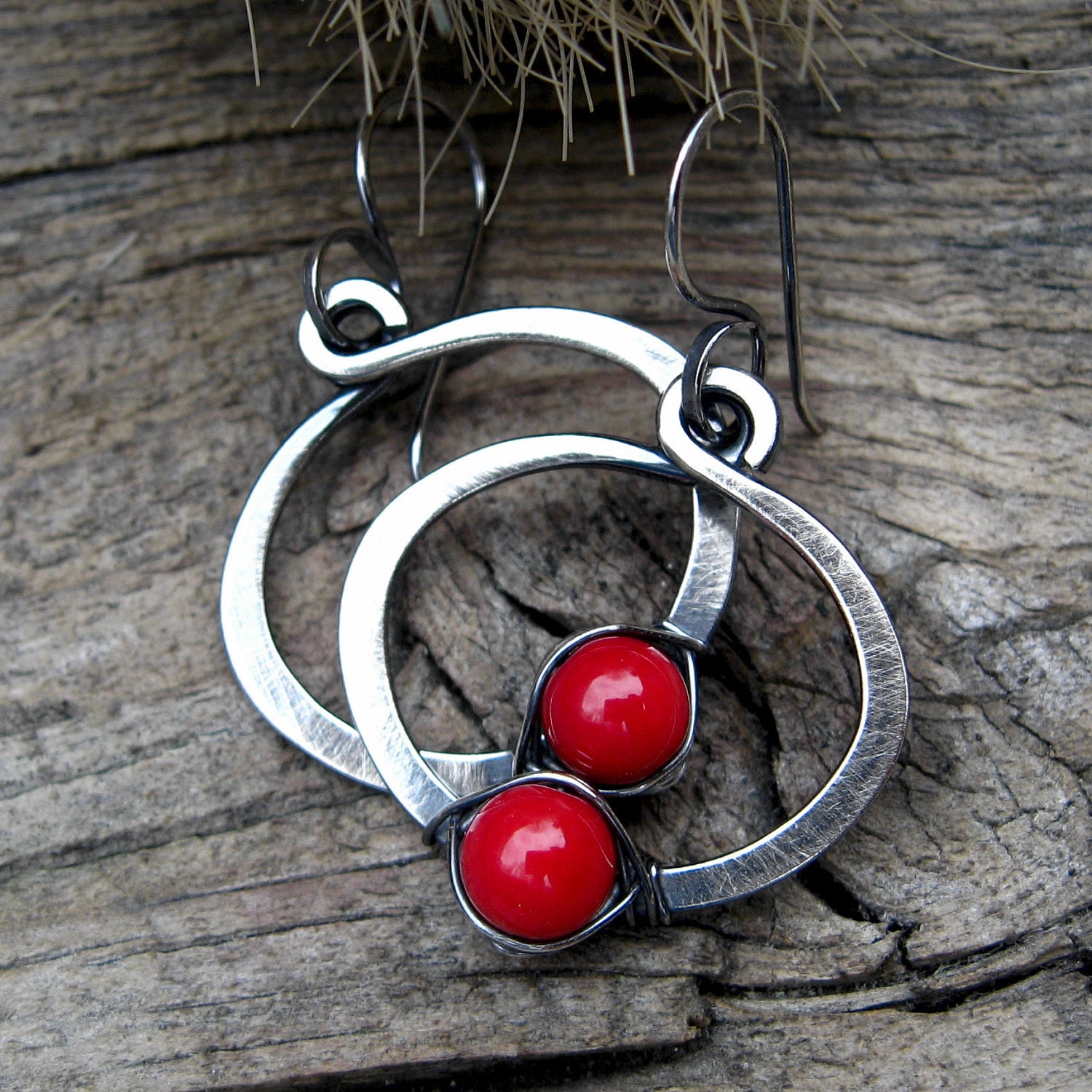 Apple Red Coral Hoops sterling silver hoop red coral earrings