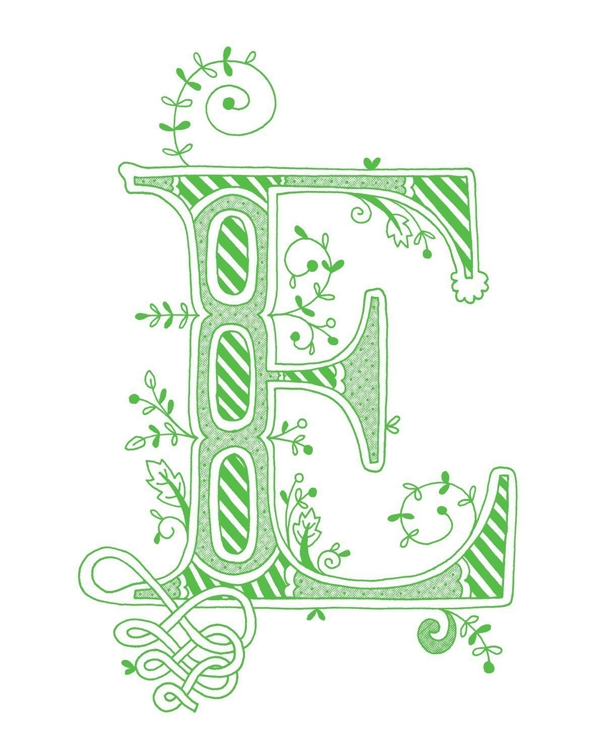 Hand drawn monogrammed print, 8x10, the Letter E, in the color green