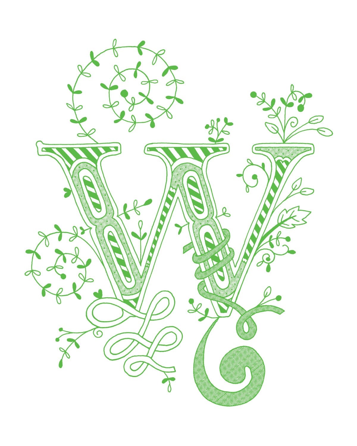 Hand drawn monogrammed print, 8x10, the Letter W, in the color green