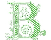 Hand drawn monogrammed print, 8x10, the Letter B, in the color green