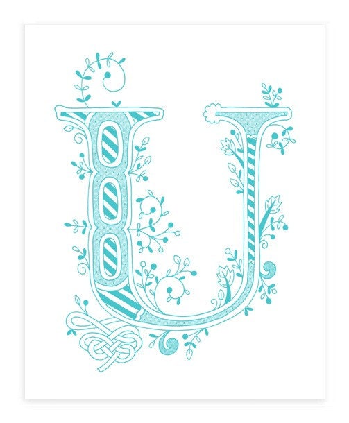 Hand drawn monogrammed print, 8x10, the Letter U, in the color blue