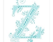 Hand drawn monogrammed print, 8x10, the Letter Y, in the color blue