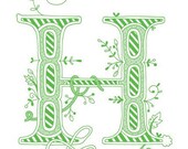 Hand drawn monogrammed print, 8x10, the Letter H, in the color green