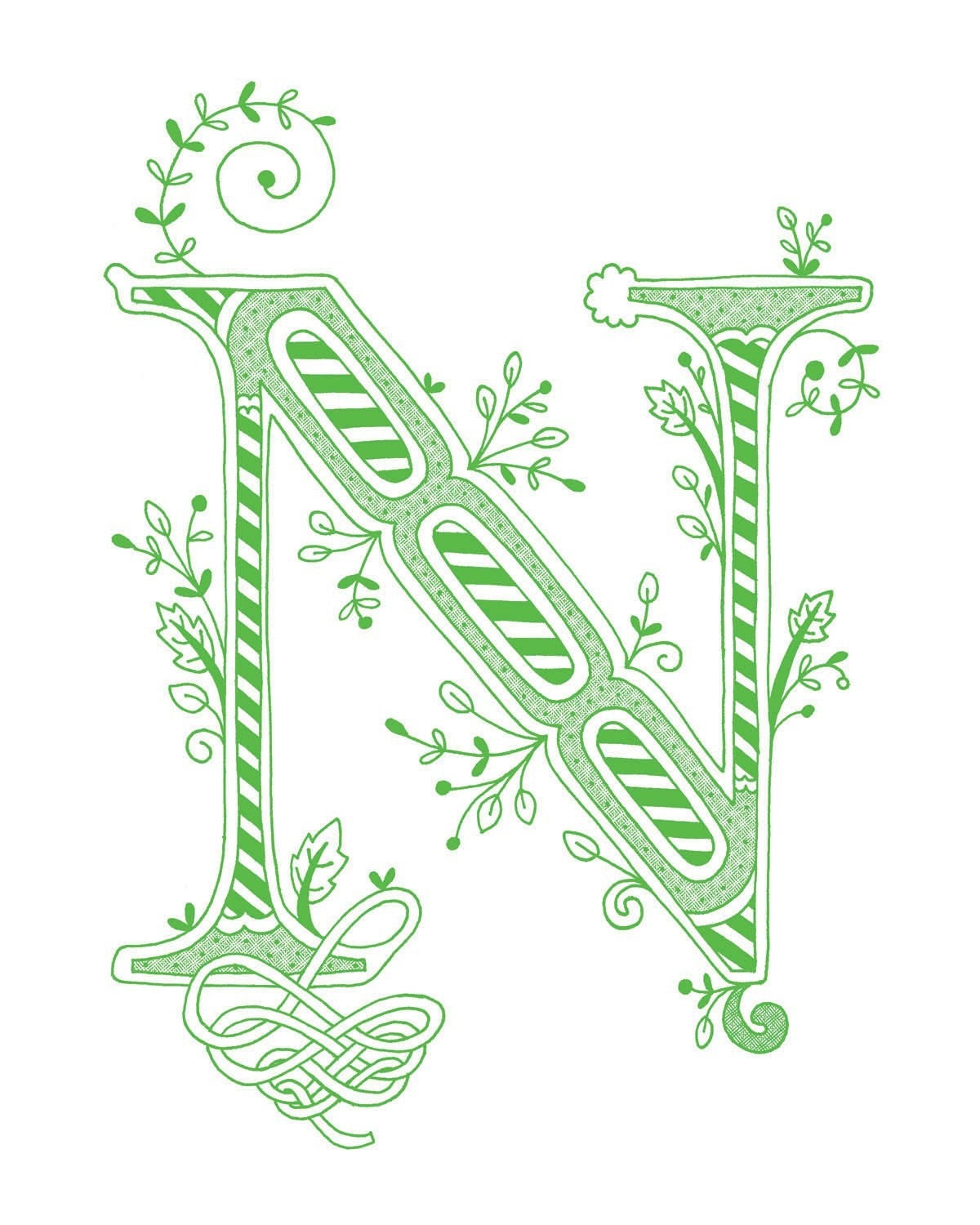 Hand drawn monogrammed print, 8x10, the Letter N, in the color green