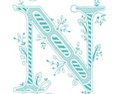 Hand drawn monogrammed print, 8x10, the Letter N, in the color blue