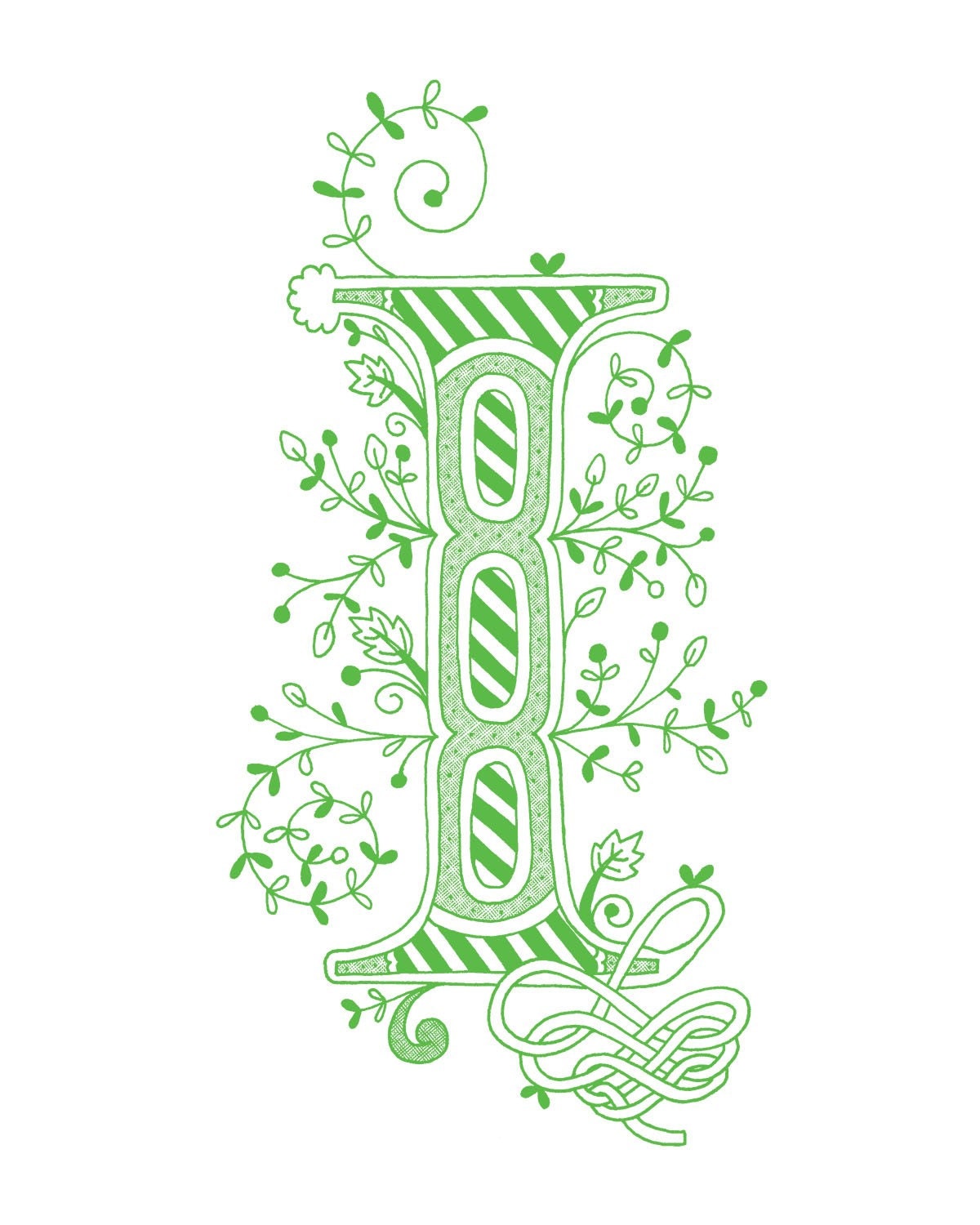Hand drawn monogrammed print, 8x10, the Letter I, in the color green