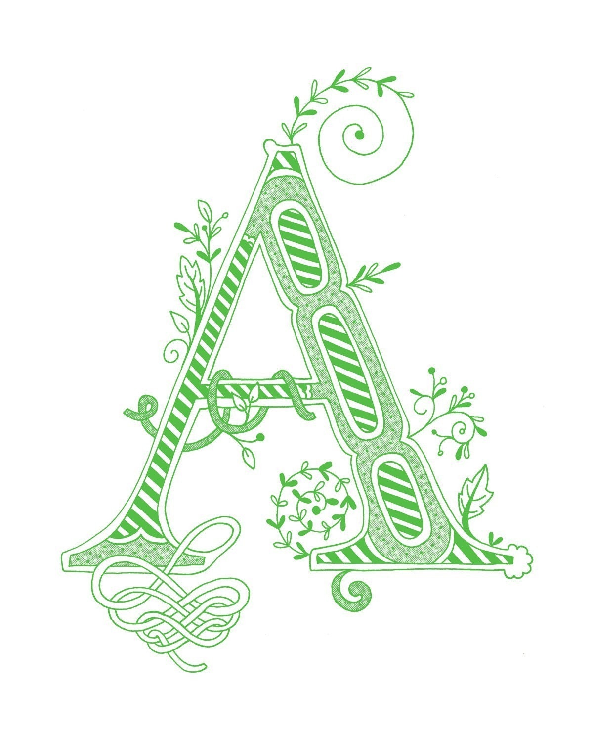 Hand drawn monogrammed print, 8x10, the Letter A, in the color green