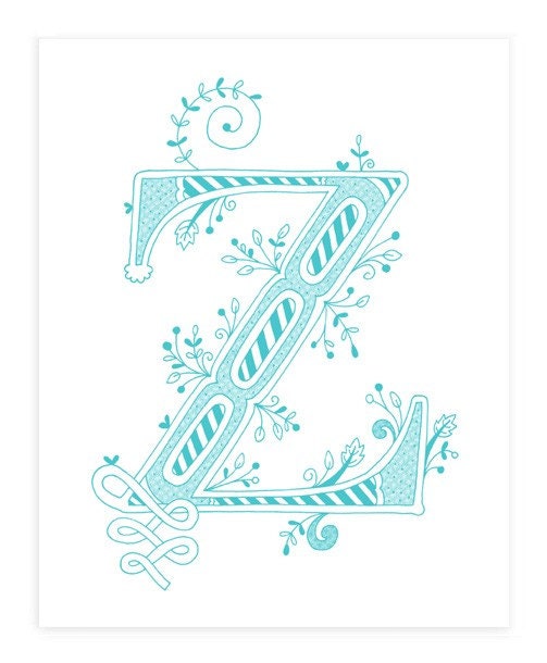 Hand drawn monogrammed print, 8x10, the Letter Y, in the color blue