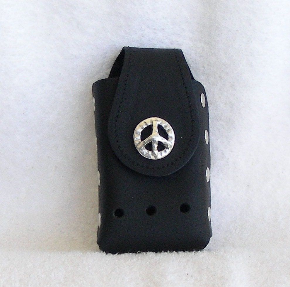 Black Leather Cell Phone Case with Peace Sign Concho