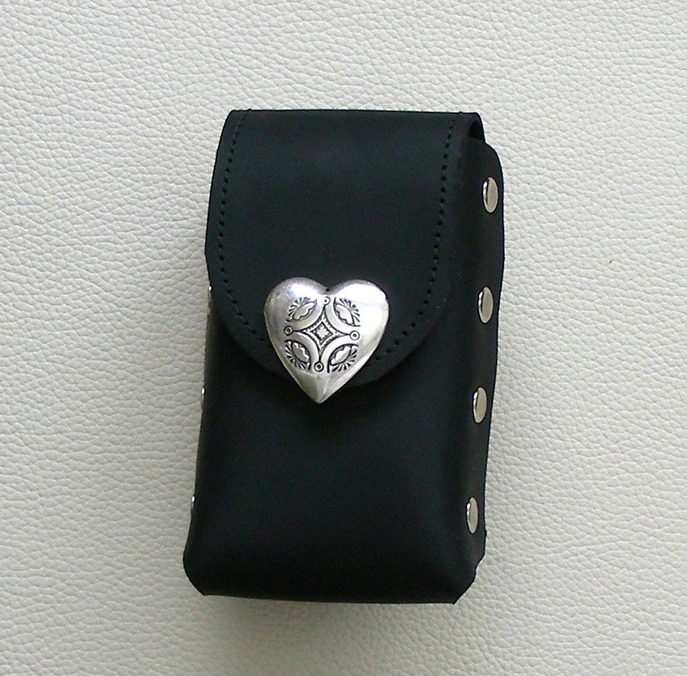 Black Leather Cigarette Case with Heart Concho
