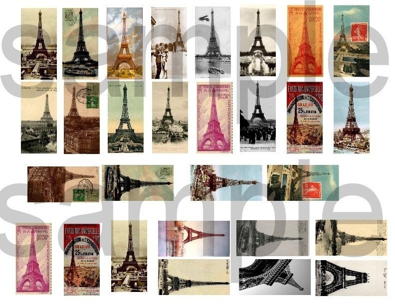 29 Vintage Paris Eiffel Tower 1 x 2 inches for charms Digital Collage Sheet