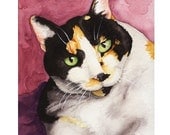 Calico Cat Art 8X10 Print of Original Painting by Lara Mogensen, Calico on Burgundy, Green Eyes