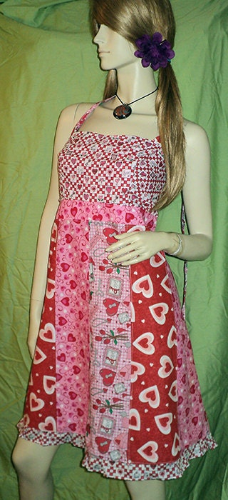 happy hippie patchwork strip dress - Secret Stash Pocket - One of a Kind - Hippie Hippy Patchie Apron Dress - Corset Back - M/L