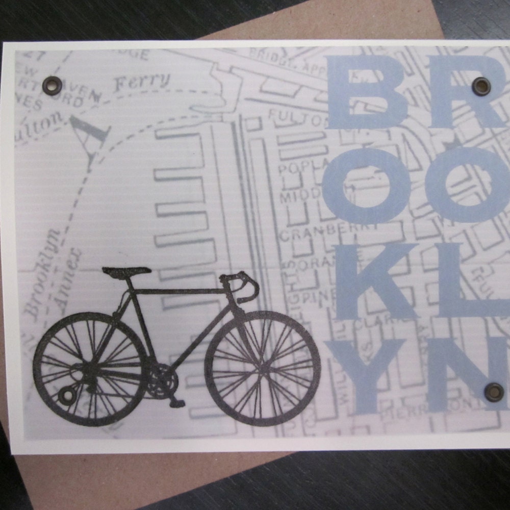 Brooklyn Map and Bike - Screen-Printed Gocco Art Card