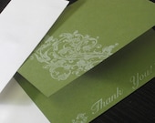 On Sale - 5-Pack Green Filigree Gocco Printed Thank You Cards