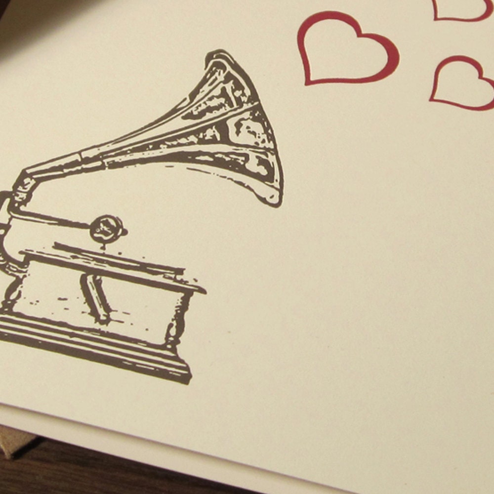 Record Player and Hearts - Letterpress Card