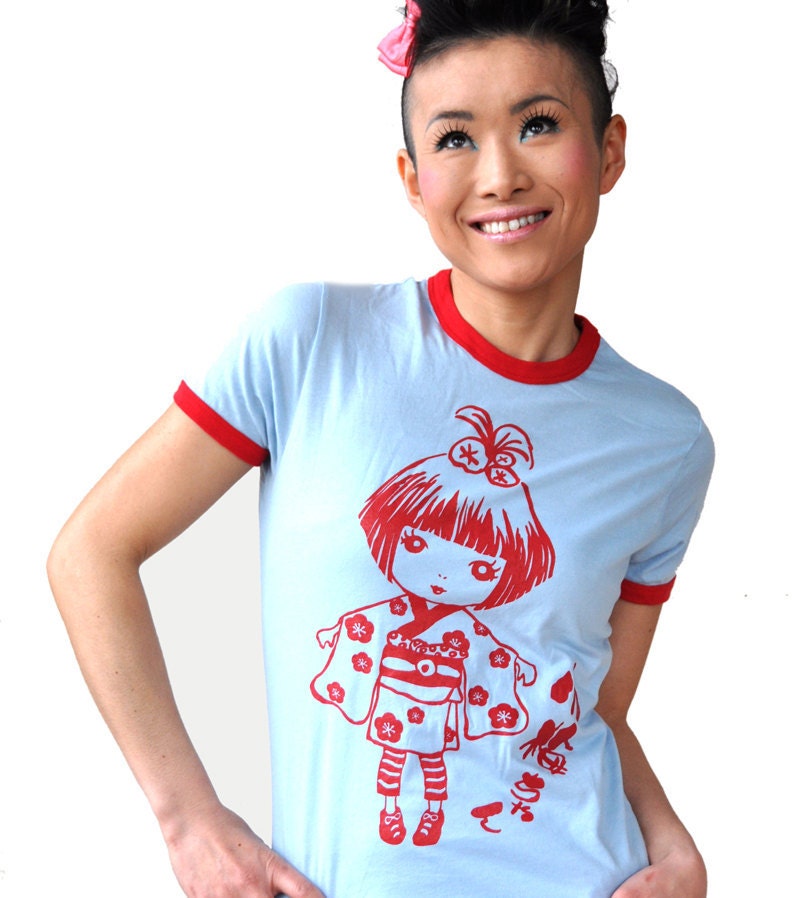 Sale Women Kawaii Umechan (Plum Flower) baby Powder blue and Red Basic Ringer with Red print T