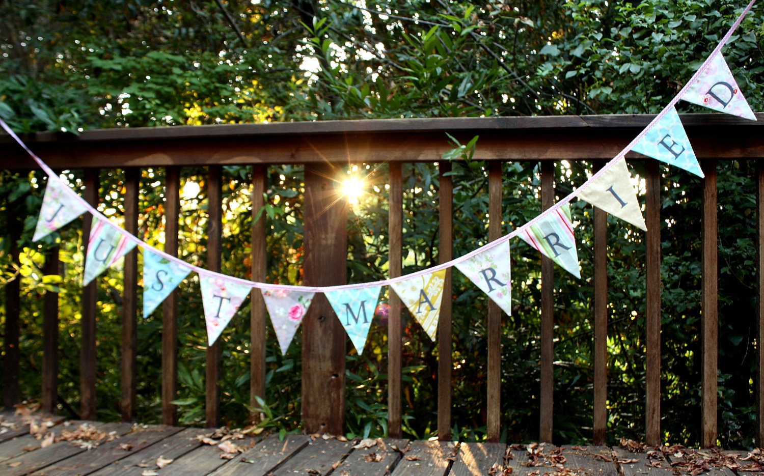 Just Married, Bunting Flag Banner, Wedding Decoration, Photo Prop.  Designer's Choice Fabric Pennants. Ships Quickly.