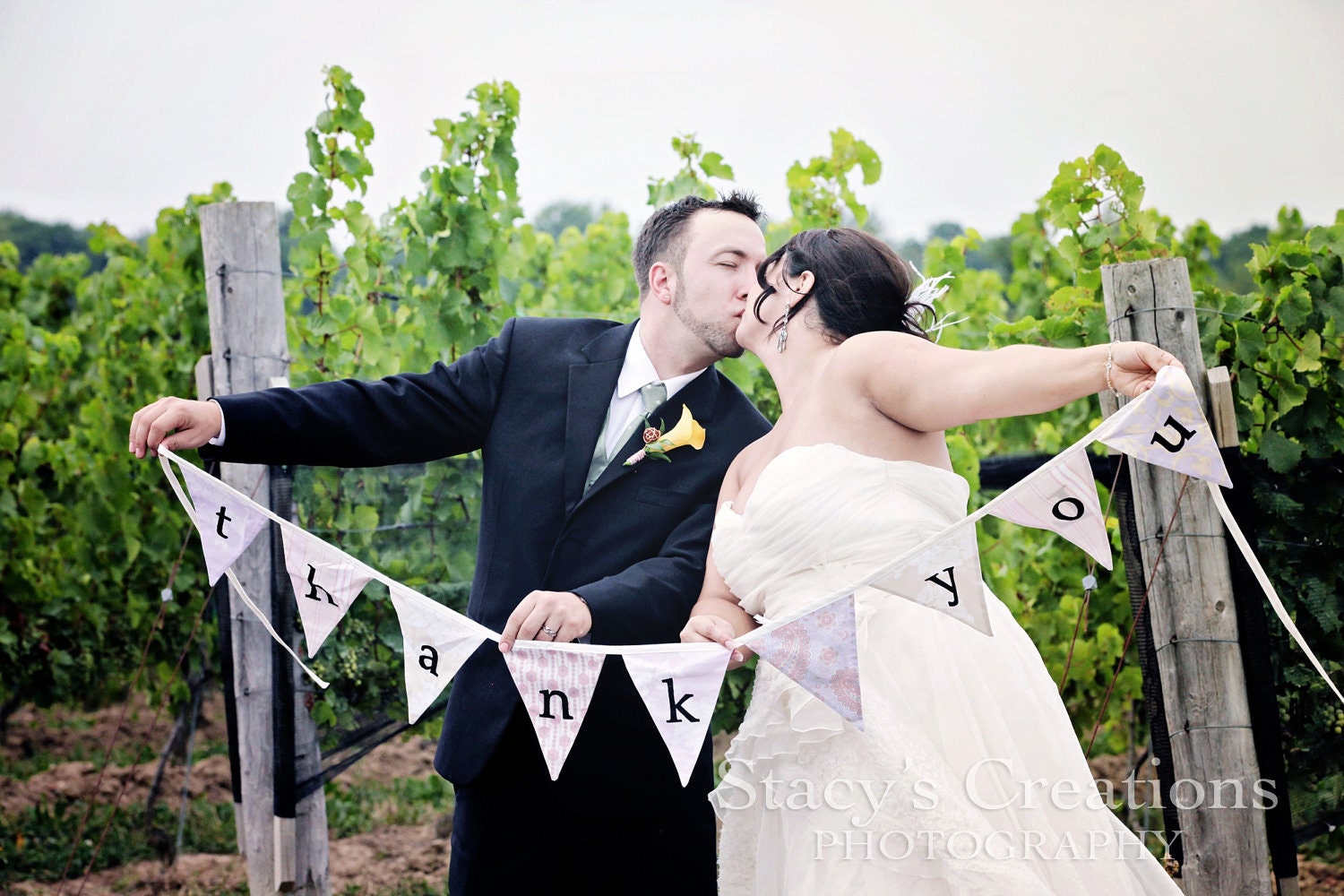 Flag Banner, Thank You Bunting, Photo Prop and Wedding Decoration in Sweet Vintage Toned Fabric Pennants..