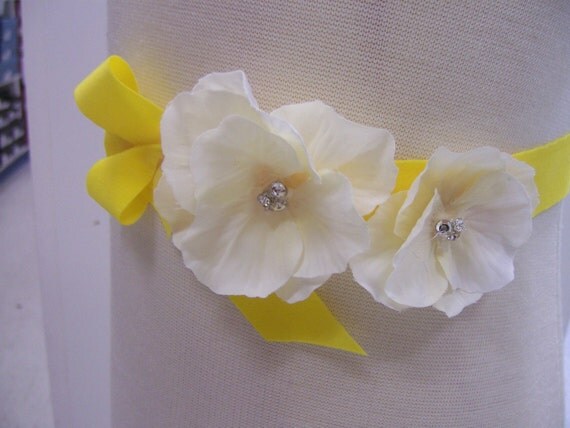 Yellow and Flower Headband or Flower Girl Sash