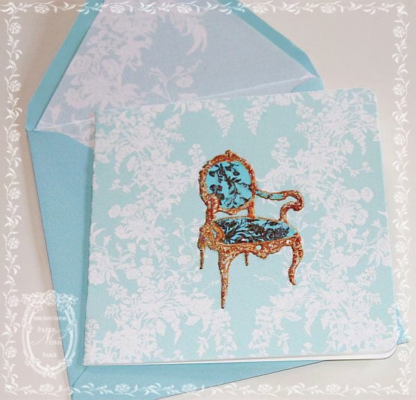 French Rococo Gold Gilded and Aqua French Chair Personalized Notecardswith Shimmering Envelope Liners and French Chair  Seals