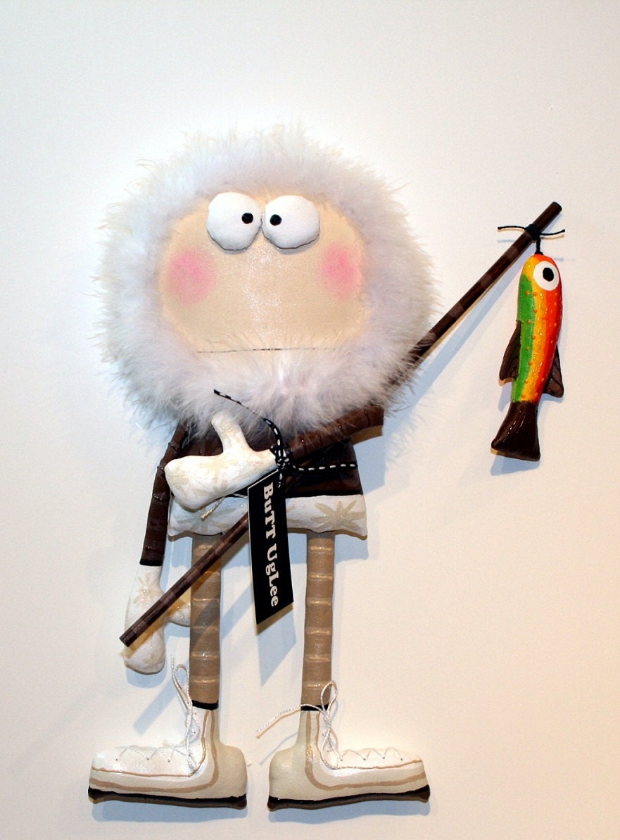 EsKiMo named Prudhoe ... Holding fishing pole ... with FISH ... WhimsicaL WaLL ArT ... Art DoLL ... Alaska