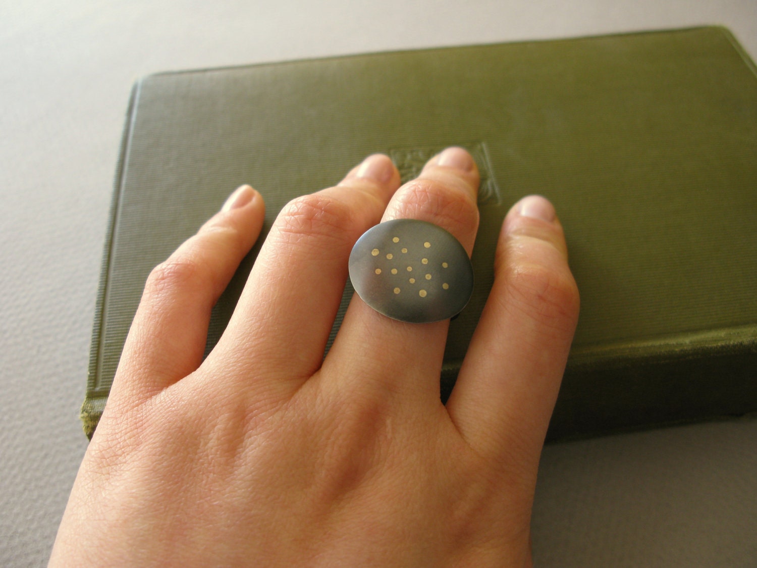 Gray Shield - darkened silver statement ring with gold solder dots