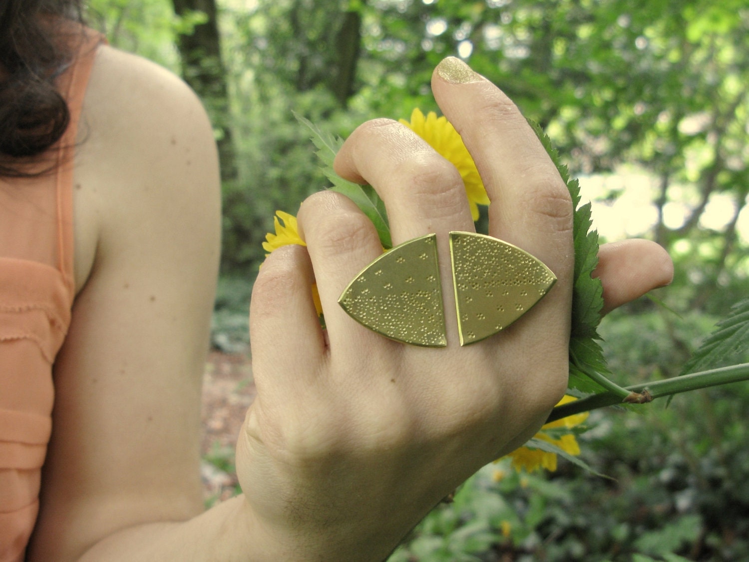 Double Heater Shield - hand-stamped ombre brass ring with silver band