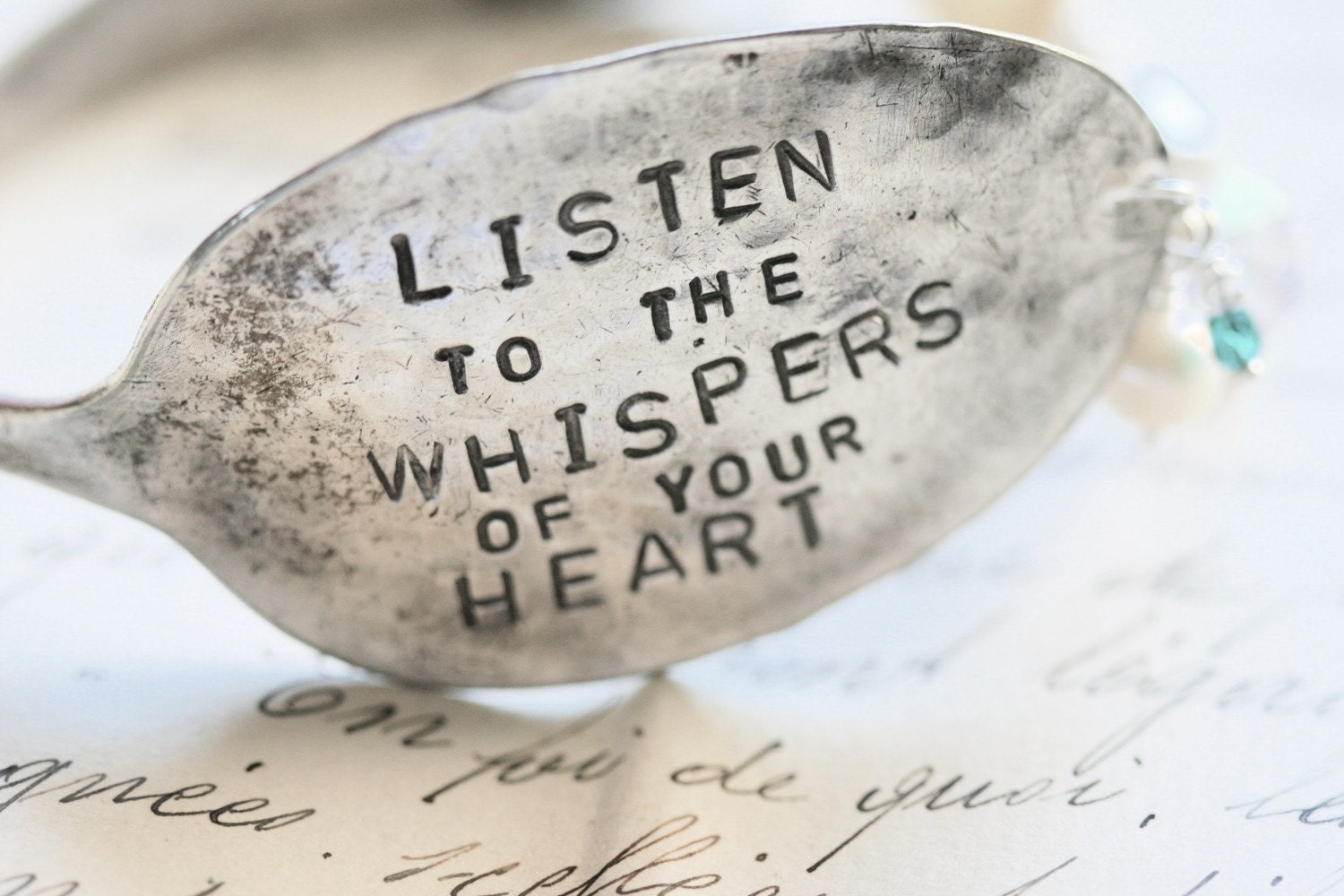 Listen to the Whispers of Your Heart Silver Spoon Bracelet...Hand Stamped...Shabby...Vintage...Free Shipping