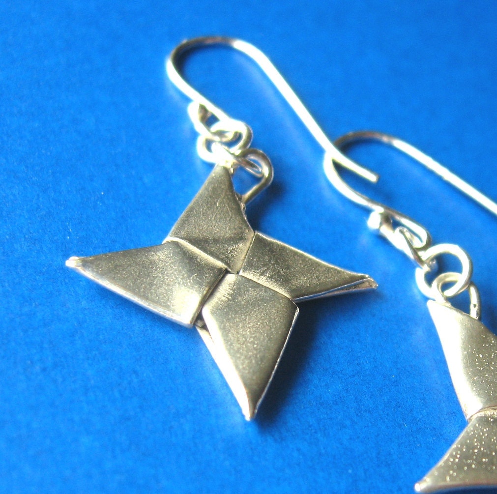 Silver Origami Shuriken Earrings, Ninja Stars