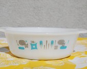 vintage white round glass dish with retro blue and grey motif- 1 quart size