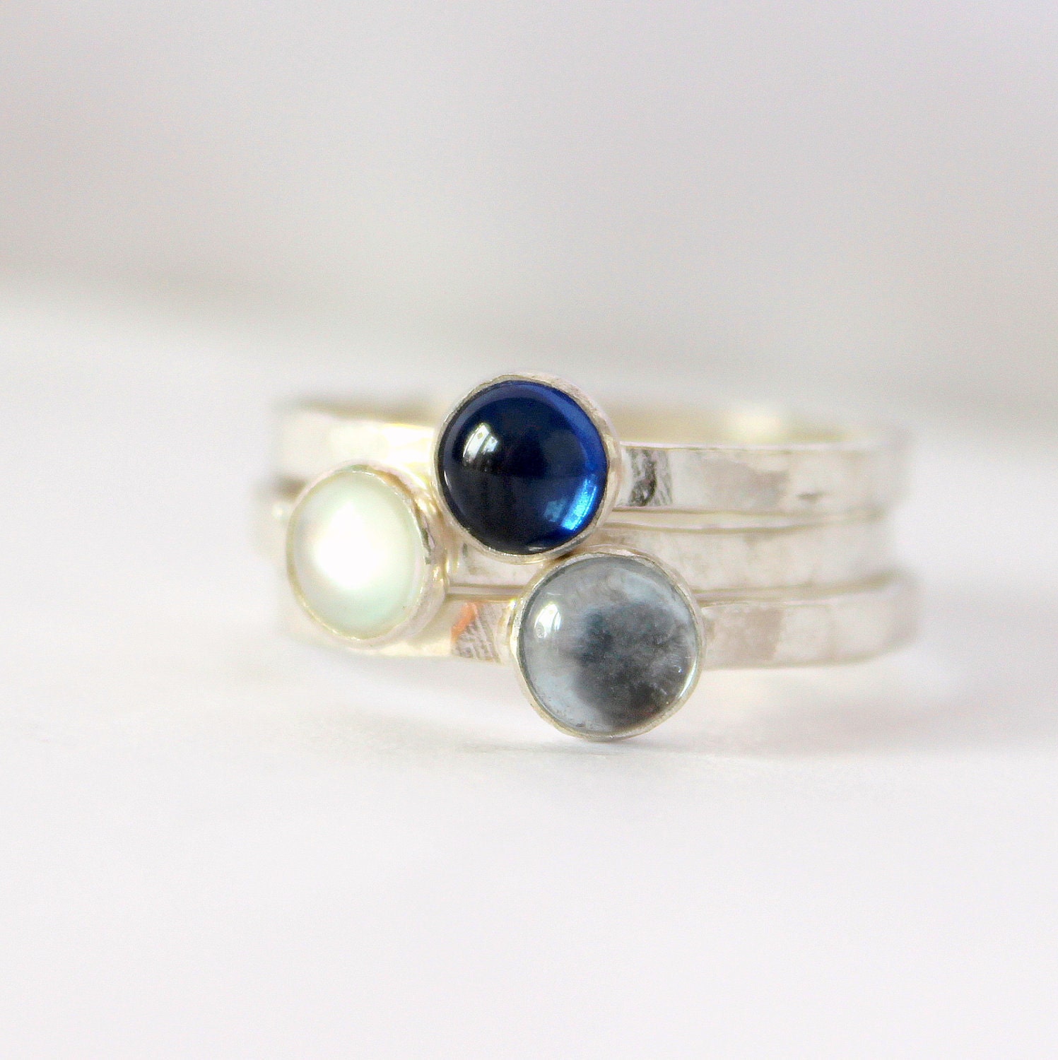 White moonstone blue sapphire aquamarine stacking ring set made to order birthstone rings