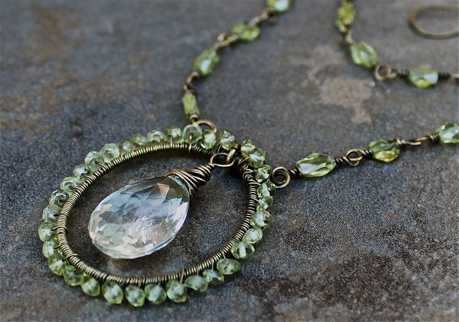 Elegant Peridot and Quartz Teardrop Wire Wrapped Necklace