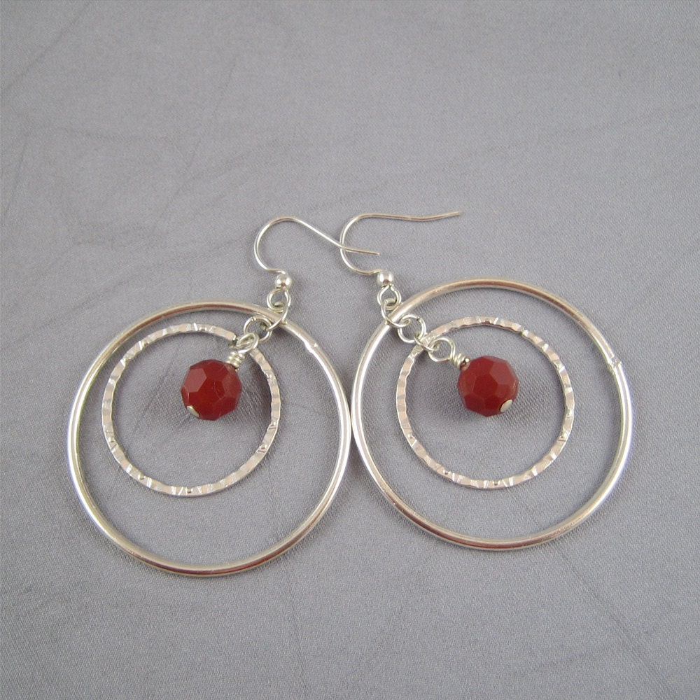Orbit - red crystal and silver hoop earrings