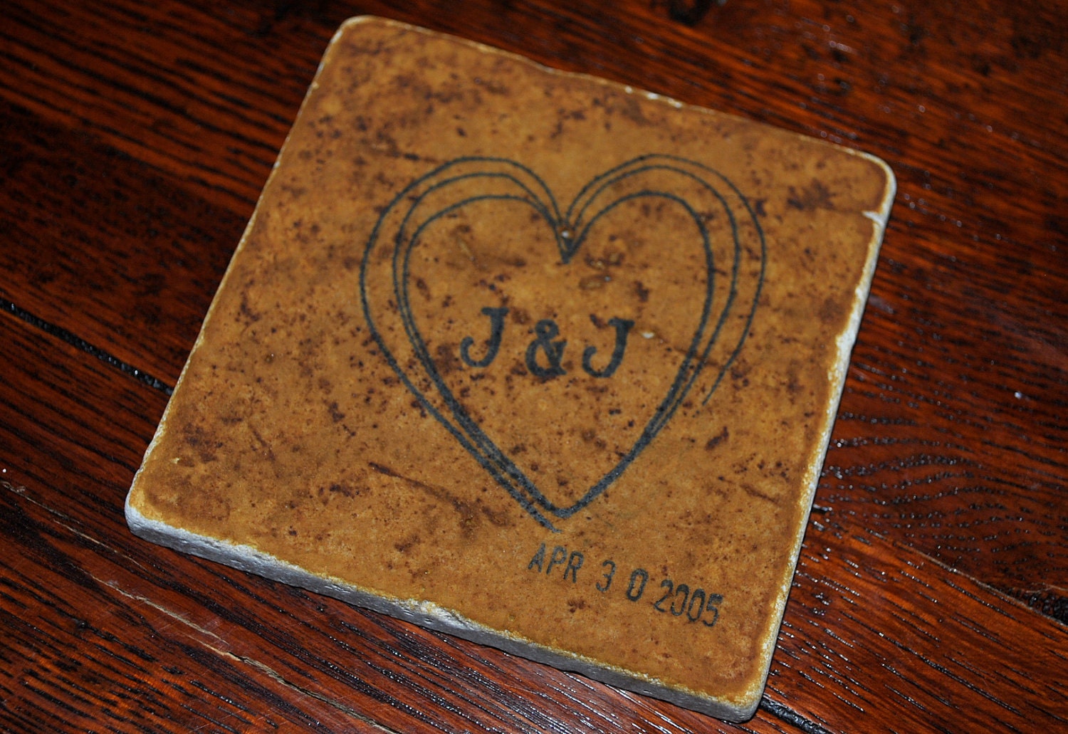 Custom order Rustic Love Natural Stone Coasters with initials, heart, wedding date. Set of 4. By Freckle on etsy