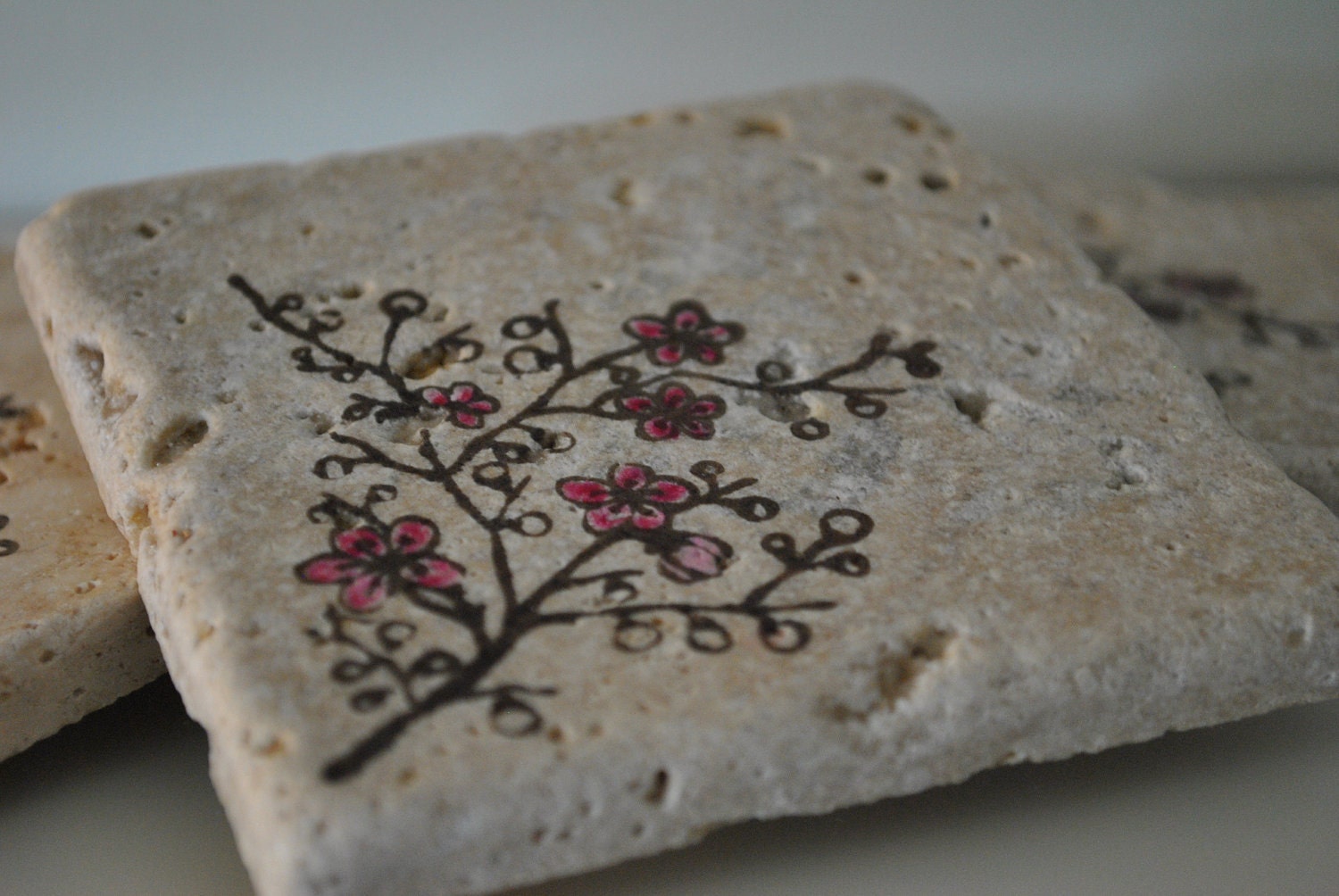 Cherry Blossom Natural Stone Coasters. Set of 4. By Freckle on etsy