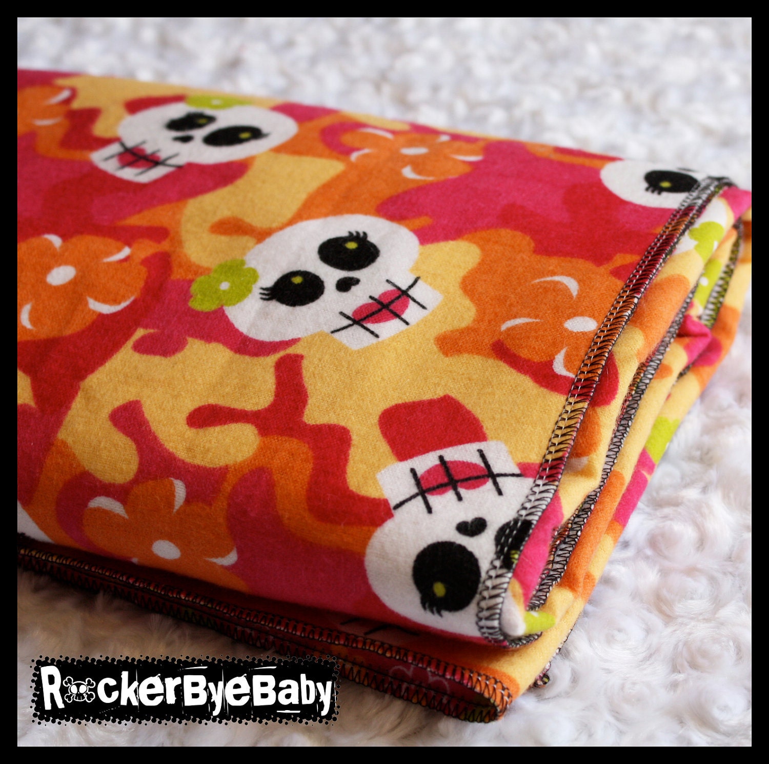 RockerByeBasics Baby or Toddler Blanket Black PInk and Orange Camouflage Skulls and Flowers with floral flannel girls 36x42
