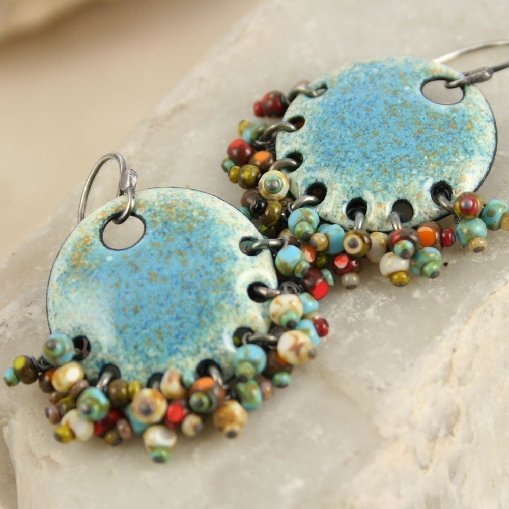 Gypsy Earring Denim Ethnic Copper Enamel with Czech Beads Boho Chic