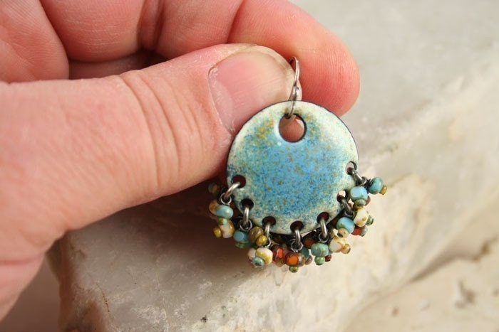 Gypsy Earring Denim Ethnic Copper Enamel with Czech Beads Boho Chic