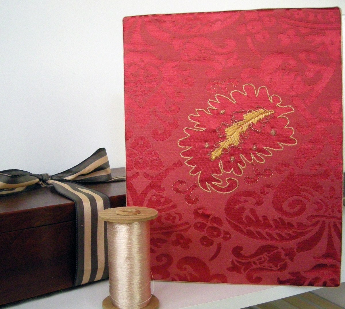 Classic Red Damask Embroidered Artwork - Fiber Art - Needlework- Gold- Metallic - Elegant