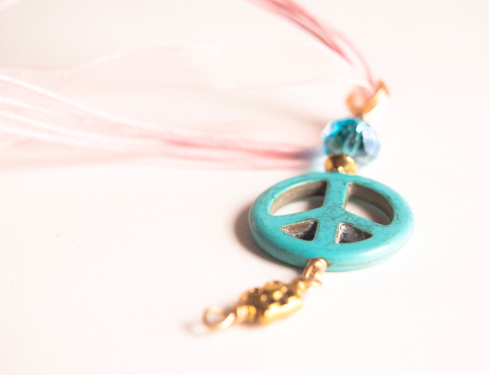 Native American Baby Blue Turquoise Gemstone . Peace Sign Wire Wrapped Pendant . December Birthstone. FREE Ribbon Necklace