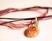 Pink Peach Pastel Crackle Agate Pendant. Natural Crackled Agate Gemstone. Oval Pendant. Gold Wire Wrapped. Free Ribbon Necklace.
