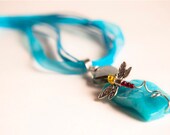 Sky Blue Pendant . Dragonfly . Natural Blue Quartz Gemstone . Chic. Rectangle Pendant . Silver plated wire wrapped . Free Ribbon Necklace .