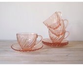 Four Arcoroc France Pink Swirl Rosaline Tea or Coffee Cups and Four Saucers