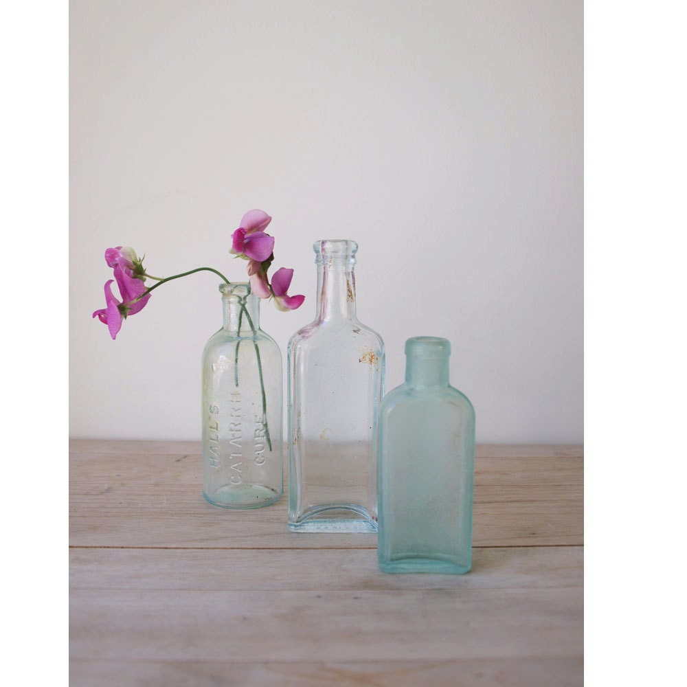 Antique Aqua Bottles - Set of 3 - Medicine Bottles - Opium Cure
