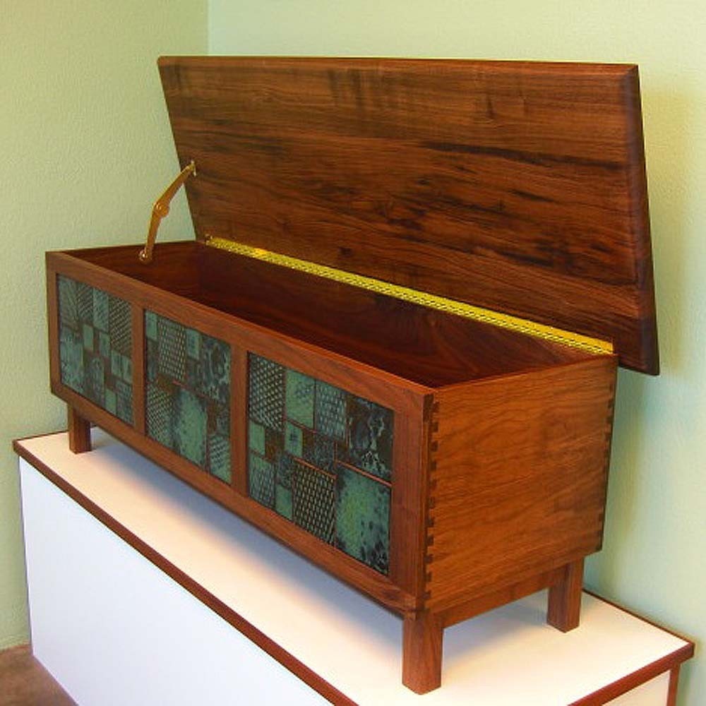 Walnut filing cabinet bench with Hunter Green handmade tile