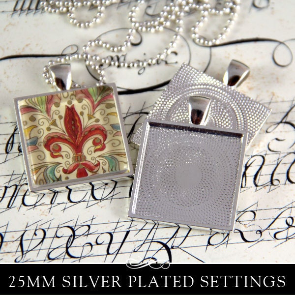 Silver Plated Square Bezel Pendant Settimg for Glass Tiles. Textured Back. 25mm or 1". 25 Pack.